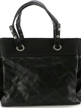 CHANEL Paris Biarritz Black Quilted Coated Canvas Tote Bag with Top Handles